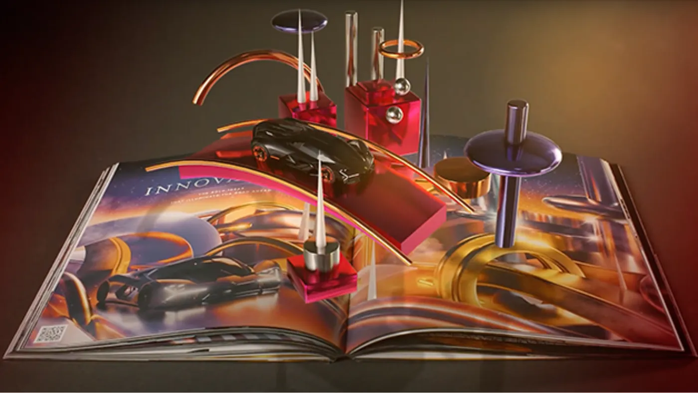 Un libro aperto con sopra una scena 3D in realtà aumentata: un'auto nera su un arco dorato