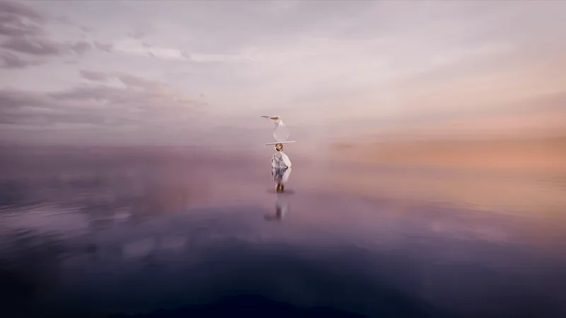 Una piccola figura in equilibrio sull'acqua, sotto un cielo rosa