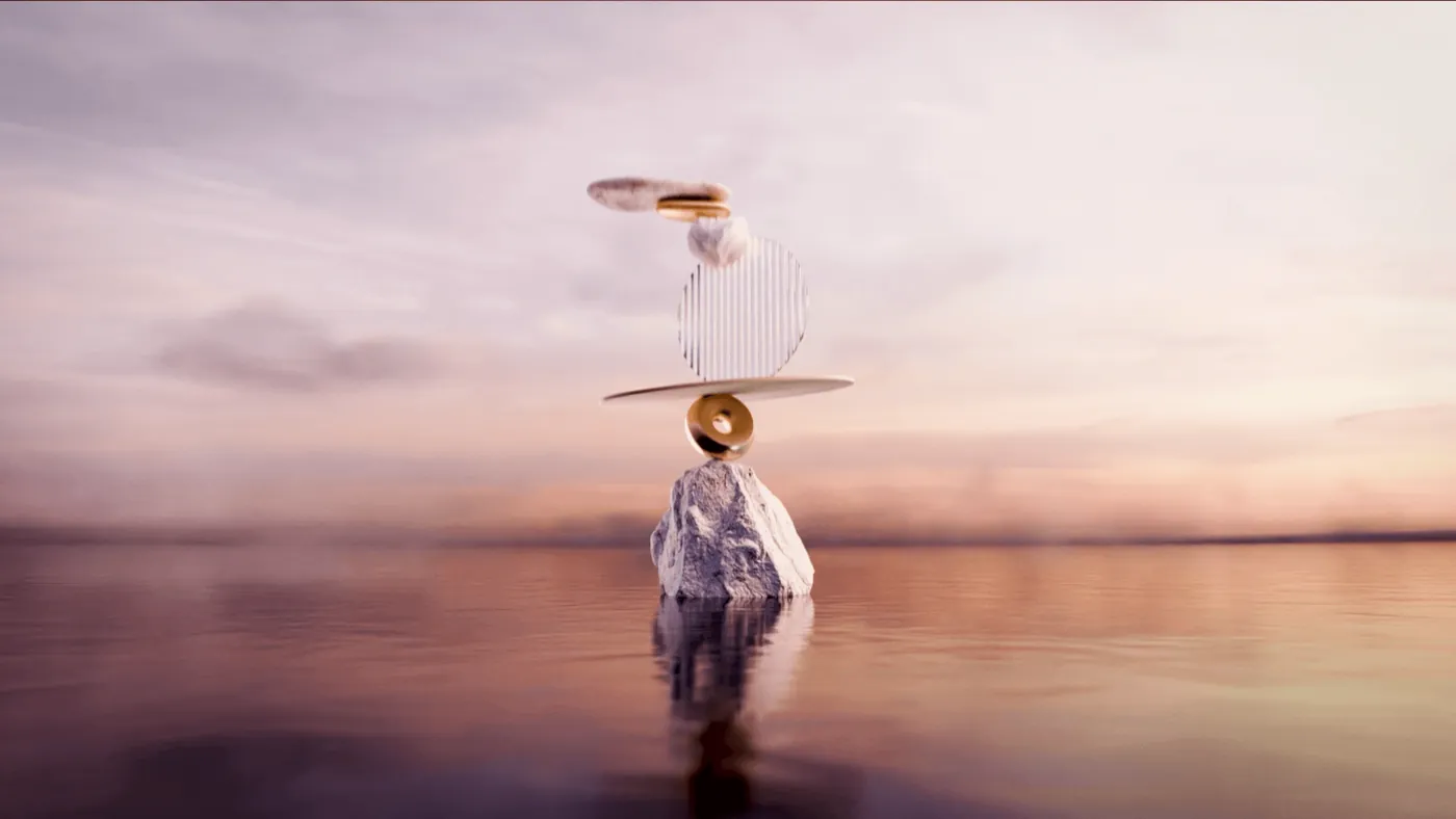 Sculture in equilibrio su una roccia in mezzo all'acqua, al tramonto