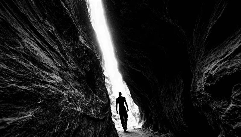 Un uomo cammina in una gola stretta tra due pareti di roccia, verso la luce